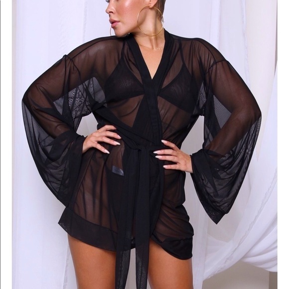 𝅺LAINA Rauma Fine Mesh Kimono Black Belted wrap - Picture 1 of 9